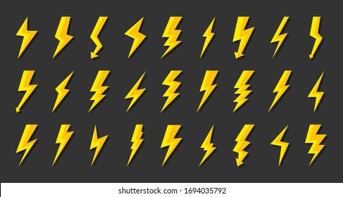 Set of yellow lightning bolt. Icons electrical strike with arrow, shock lightning. Symbol electricity, energy and thunder. Sign voltage and power. Flat logo with shadow. Isolated vector illustration