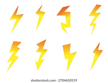 Set of yellow lightning bolt icons in vector format. Simple and bold design representing electricity, energy, power, or speed. Perfect for web, apps, and graphic projects.