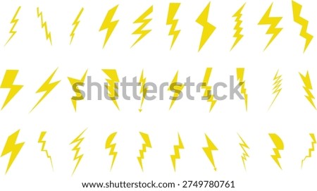 Set of yellow lightning bolt icons and thunder strike shapes