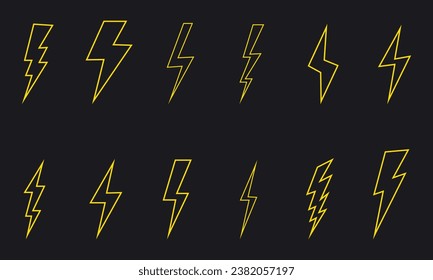 Set yellow lightning bolt line icons. Vector illustration isolated on black background.Eps 10