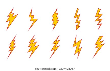 Set Of Yellow Lightning Bolt Vector Icon Illustration. Thunderbolt with a red line Flat Icon 