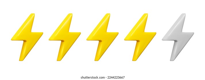 Set of yellow lightning bolts isolated on white background. The concept of the game, mobile application. 3D vector illustration.