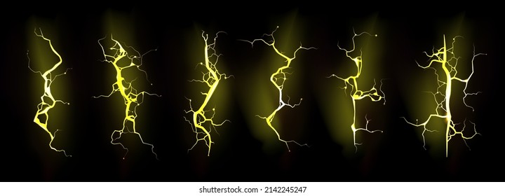 Set of yellow lightning, electric thunderbolt strike during night storm. Powerful electrical discharge, impact, crack, magical energy flash. Realistic 3d vector bolts isolated on black background