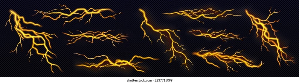 Set of yellow lightning, electric thunderbolt strike during night storm. Powerful electrical discharge, impact, crack, magical energy flash. Realistic 3d vector bolts isolated on black background