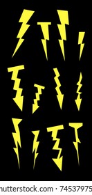 Set of yellow lightning on a black background. Vector art.