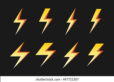 Set of yellow lightnings isolated over black for forecast icon. Vector illustration