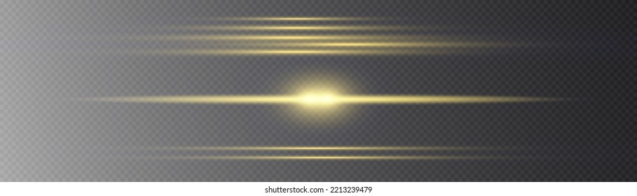 Set of yellow line. Luminous abstract sparkling lined background. Flashes and glare of gold color. Golden horizontal lens flares pack, laser beams, light flare. Streaking warm color. Vector