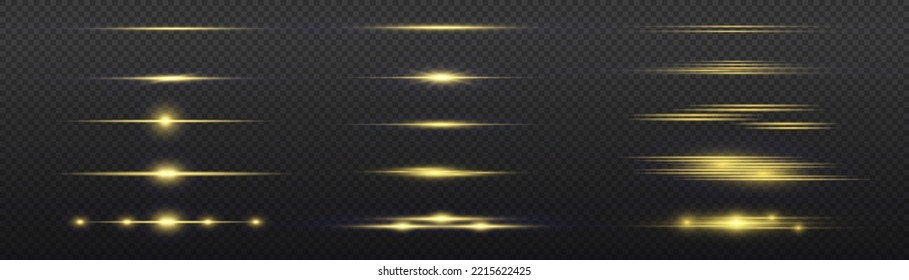 Set of yellow line. Luminous abstract sparkling lined background. Flashes and glare of gold color. Golden horizontal lens flares pack, laser beams, light flare. Streaking warm color. Vector