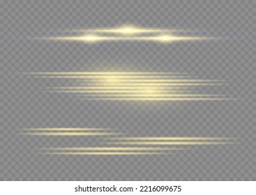 Set of yellow line. Luminous abstract sparkling lined background. Flashes and glare of gold color. Golden horizontal lens flares pack, laser beams, light flare. Streaking warm color. Vector