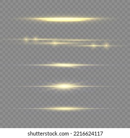 Set of yellow line. Luminous abstract sparkling lined background. Flashes and glare of gold color. Golden horizontal lens flares pack, laser beams, light flare. Streaking warm color. Vector