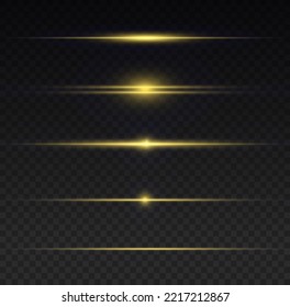 Conjunto de líneas amarillas. Luminoso fondo brillante abstracto. Flashes y resplandor de color dorado. Paquete de bengalas de lente horizontal dorada, vigas láser, bombilla. Estirando el color cálido. Vector