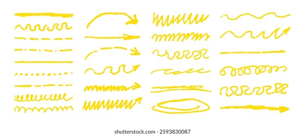 A set of yellow lines with arrows and wavy lines. The lines are drawn with crayons and are arranged in a row