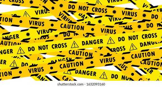 Set of yellow lines with different inscriptions about the danger of the virus and coronavirus on transparent background. ERS-Cov (Middle East Respiratory Syndrome), New Coronavirus (2019-nKoV). 