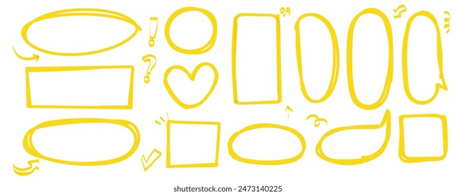 Conjunto de marcadores amarillos resaltados. Línea de marca de pluma y trazo de pincel en forma de elipse y burbuja de corazón y habla. Vector subrayar Elementos. 