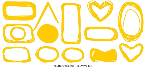 Set of yellow marker highlight. Pen mark line and brush stroke in shape of elipse and heart and speech bubble. underline elements