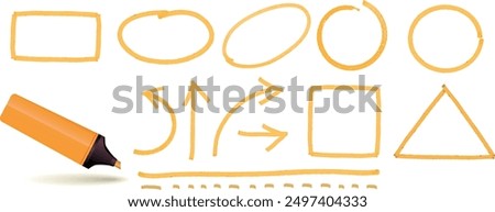 Set of yellow marker highlighter design elements. Underlines, strokes, lines, arrows, talk bubbles, text boxes, frames and borders.