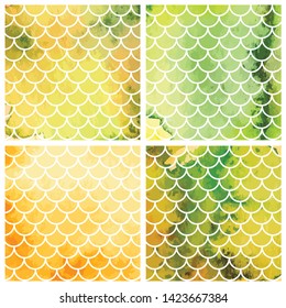Set of yellow mermaid scales. Fish scales. Underwater sea pattern. Vector illustration. Perfect for print design for textile, poster, greeting card, invitation.