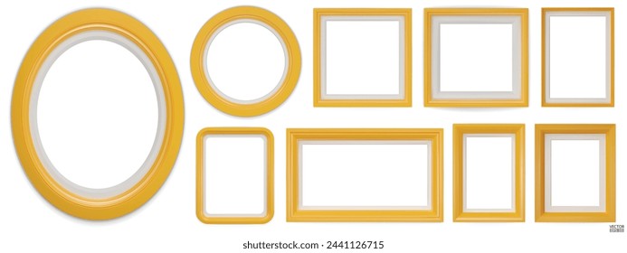 Set of yellow modern frame isolated on white background. Realistic rectangle, circle, oval Photo yellow frames mockup. Classic Borders set for painting, and photo gallery. 3d vector illustration.