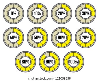 Set of Yellow Modern Round Loader Progress Bars with Ten Sectors