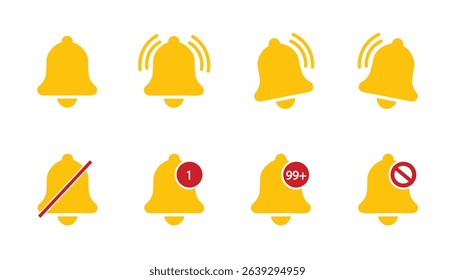 Set of yellow notification bell icons. Alarm symbol. Reminder icon of ringing bells, sign for incoming inbox messages