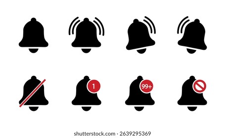 Set of yellow notification bell icons. Alarm symbol. Reminder icon of ringing bells, sign for incoming inbox messages