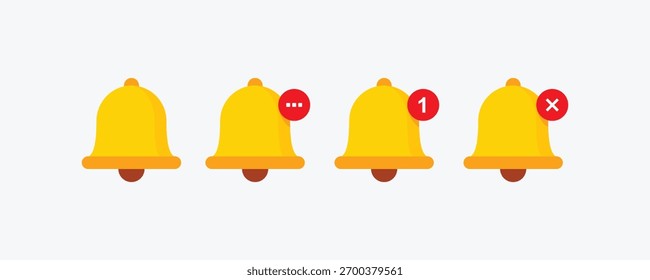 Conjunto de íconos amarillos de campana de notificación que muestran diferentes estados: mensaje no leído, Actualizar pendiente, nueva alerta y notificación de error. Diseño de Vector UI UX