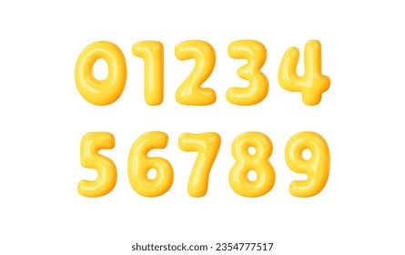 Set yellow number 0 to 9. Render balloon numbers for birtday, party, school template design. Cartoon vector elements in realistic plastic style