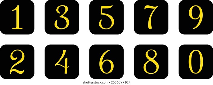 set of yellow number icon on black rounded rectangle shape vector illustration.