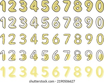 Set of yellow numbers from 0 to 9 drawn in different styles