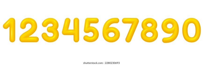 Set of yellow numbers 0-9. 3D figures on  white background.