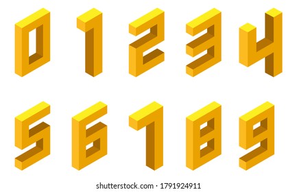 Set of yellow numbers in isometric style. Isolated on white background