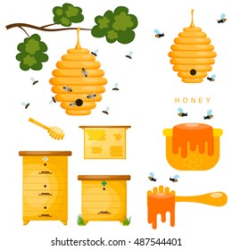 Set of yellow objects beekeeper. Yellow bee hive on a white background. Bee hive isolate. 
Stock Vector illustration. Insect life in nature. Bees near the hive. Beehive in a tree branch.