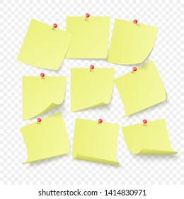 Set of yellow office stickers with space for text or message stuck by neeples to wall. Vector illustration isolated on transparent background