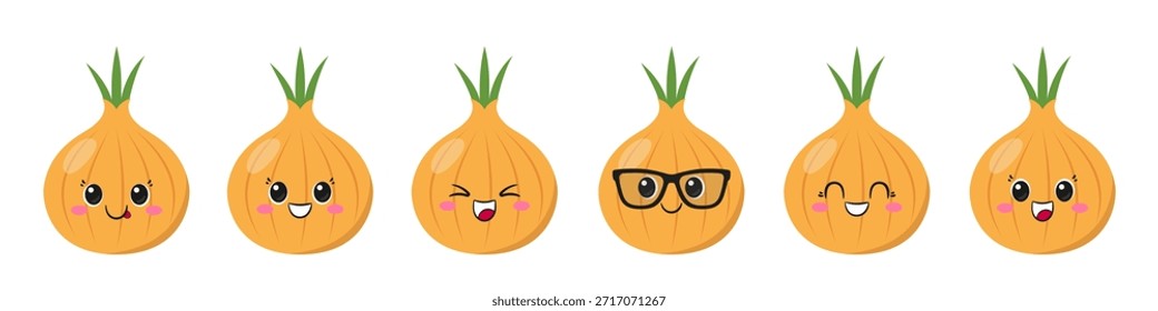 Conjunto de cebolla amarilla, personaje de dibujos animados lindo y divertido, verduras saludables, emociones alegría deleite, ojos grandes, cara sonriente feliz, estilo kawaii, icono de Ilustración vectorial.