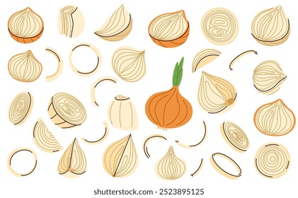 Set of yellow onion slices, rings, and whole bulbs in a detailed vector, ideal for cooking packaging
