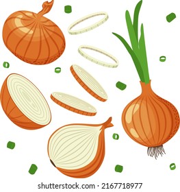 
Set of yellow onions with green leaves, onion halves and slices. Vector illustration in flat style isolated on white background.