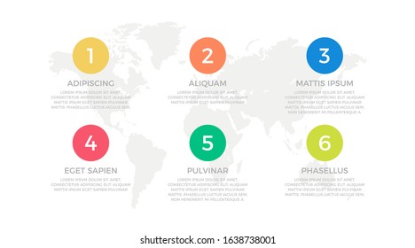 Set of yellow, orange, blue, red, green and turquoise elements for infographic with world map presentation slides.