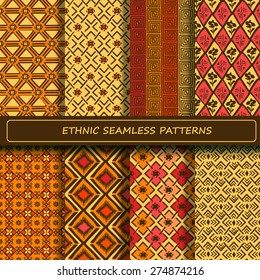 Set of yellow orange brown abstract ethnic geometric seamless pattern. Scrapbook design elements. All patterns are included in swatch menu.