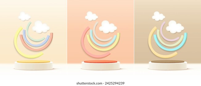 Conjunto de cilindro 3D amarillo, naranja y marrón realista podio con escena abstracta. Formas geométricas abstractas de representación vectorial. Escena mínima. Escaparate del escenario, maqueta de la exhibición del producto