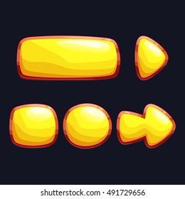 Set of yellow, orange glossy buttons, panel and arrows for GUI design. Cute cartoon game assets vector illustration.