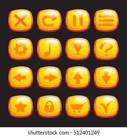Set of yellow, orange glossy buttons or icons isolated on black background for game, GUI design . Cute cartoon mobile app vector elements template.