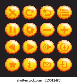 Set of yellow, orange glossy round buttons or icons isolated on black background for game, GUI design . Cute cartoon mobile app vector elements template.