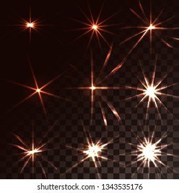 A set of yellow, orange glowing blue transparent sunshine, flashes, glares of energy rays, stars on a translucent dark, checkered black background from squares. Vector illustration.