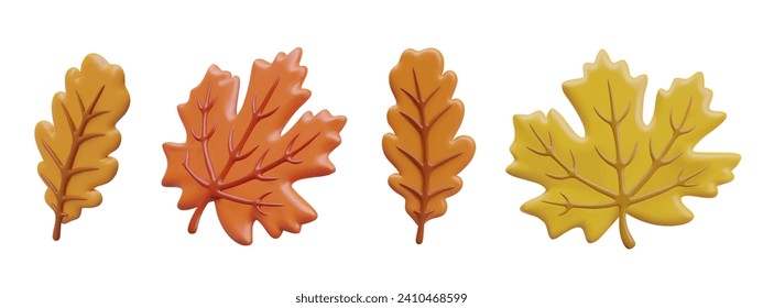 Set of yellow and orange oak and maple leaves. Autumn flora. Falling leaves. Templates for web design. Isolated illustrations in cute plasticine style