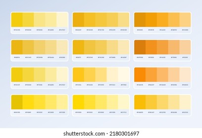 Set yellow and orange pantone color palette in rgb hex. Yellow color catalog. neumorphic style color palette for ui ux design