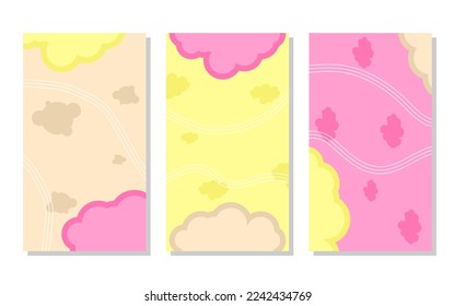 set of yellow, orange and pink abstract portrait background with cloud shapes and wave lines. simple, flat and colorful. used for wallpaper, backdrop, social media stories, copy space and poster