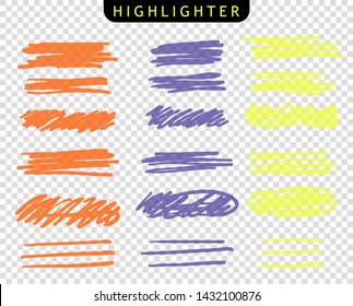 Set of yellow, orange, purple, strokes line markers. Vector highlight brush lines. Hand drawing sketch underlined, stripes. Elements on an isolated transparent background.