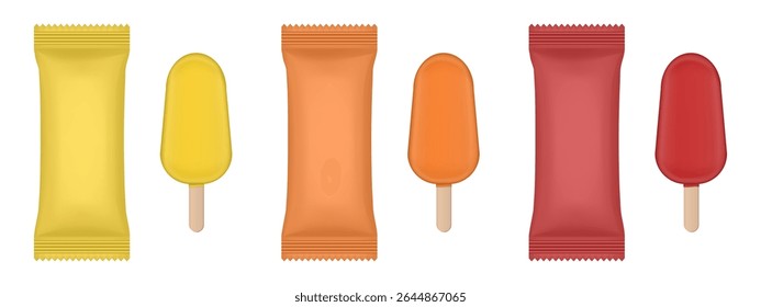 Set of yellow, orange and red flow packs. Popsicle ice cream wrapper. Foil bag. Realistic vector mockup