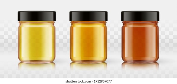 A set of yellow, orange, red glass bottles for any liquid products, honey, confiture, jams, preserves, oil, syrups, home canning. Blank for your design. Items isolated on background with transparency