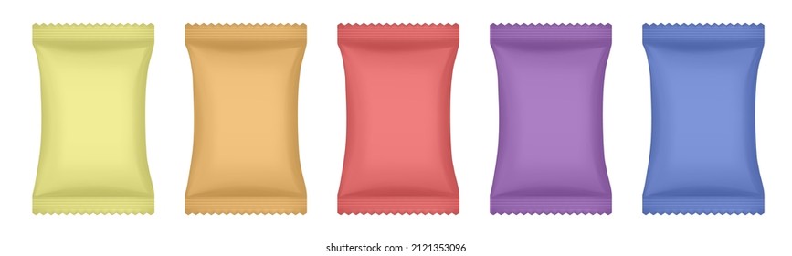 Set of yellow, orange, red, purple and blue flow packs. Chocolate bar or ice cream wrapper. Silver foil bag. Soap or wet wipes. Realistic 3d mockup of a flow pack or sachet. Pouch